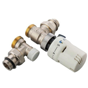 Kit termostatico Ercos con valvola termostatica e detentore a squadra allacci 3/8" m per radiatori