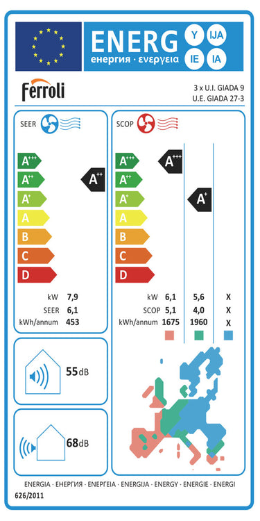 Condizionatore Ferroli Giada trial split 9000+9000+9000 BTU inverter A+ wifi unità esterna 7.9 kW