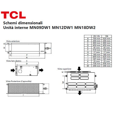 Condizionatore TCL Canalizzabile Serie D quadri split 9000+12000+18000+18000 BTU inverter A++ wifi unità esterna 12.2 kW